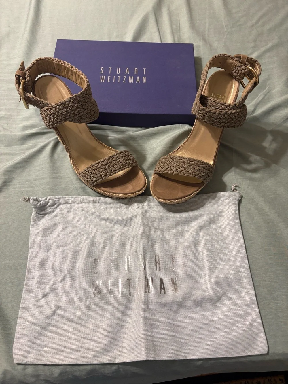 Stuart Weitzman Tan Braided Espadrille Wedge Sandals